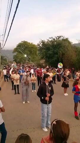 The video shows a parade taking place on a street. A group of people, some dressed in clown costumes and others in ordinary clothing, are walking down the street playing musical instruments. These instruments include saxophones, clarinets, and tubas. Some people are standing by the side of the road watching the parade. There are buildings on either side of the street, and trees and mountains can be seen in the background. The weather appears to be cloudy.