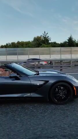 A dark gray Chevrolet Corvette convertible with black rims drives on a highway. A man wearing a baseball cap is in the driver's seat. A large dog, possibly a mastiff or similar breed, is in the passenger seat, looking forward. The car passes other vehicles on the highway, including a white SUV. The environment appears to be a suburban or rural highway with trees and power lines visible in the background. The sky is overcast with some blue patches. The video seems to be filmed from another vehicle driving alongside the Corvette.