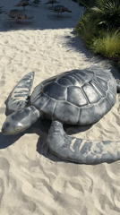 Bodrum beach resort with turtle sculpture and bamboo cabanas