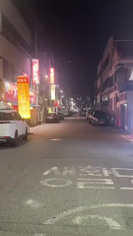 The video shows a street at night. There are buildings on either side of the street, with neon signs visible on some of them. Cars are parked along the sides of the street and in the distance. The street is paved, and there are white painted markings on it. The overall impression is of a quiet, dimly lit urban street scene at night.