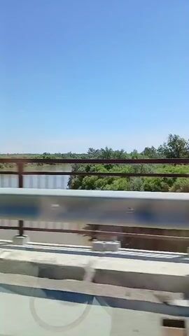 The video shows a view from a bridge, looking out over a wide river. The riverbanks are lined with dense green trees. The sky is clear and blue. The bridge has a metal guardrail in the foreground. The water appears to be brown and murky, suggesting it might be a slow-moving river or have a muddy bottom. The sun is shining brightly, casting shadows on the bridge. The camera is moving, indicating the video was likely filmed from a vehicle.