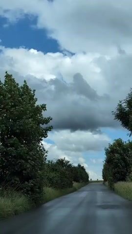 A point-of-view shot looks down an asphalt road. The road is wet and reflects the sky, which is partly cloudy with patches of blue sky visible. Trees line both sides of the road. The road curves upward into the distance where two figures are visible.