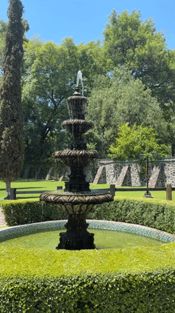 Woman photographs with dog at garden fountain in Mexico