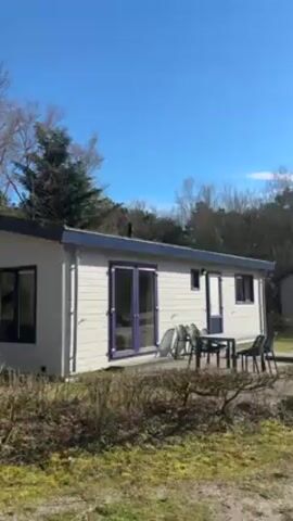 The video shows a row of gray-beige, single-story, identical structures with dark-colored trim, possibly cabins or vacation homes, situated along a gravel path. Each structure has windows and doors, some with outdoor furniture like tables and chairs set up on small patios. Sparse vegetation, consisting of low shrubs and grass, grows around the structures and along the path. Behind the structures, a dense woodland area is visible with tall trees, some of which are bare of leaves. The sky above is a clear, bright blue with faint wisps of white clouds and a sun halo. The camera pans slowly along the row of structures, revealing the repetitive design and placement.
