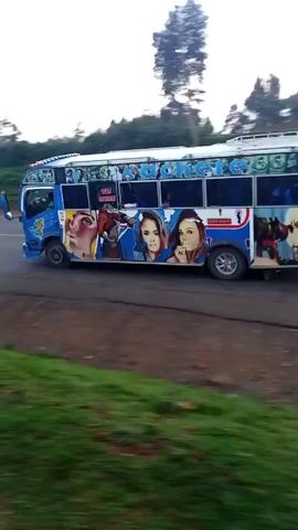 The video shows a road with passing vehicles. A blue bus decorated with images of people drives past. Then a white truck with a long trailer drives past. Finally, the decorated blue bus drives past again. The scene is shot from the side of the road with green grass. There are trees in the background and the sky is overcast.