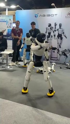 The video shows a demonstration of dancing robots. The robots are humanoid in shape, with white bodies and black heads. They have yellow feet. Two robots are actively dancing in the foreground, while another robot lies on its side in the background. Two men are standing behind the dancing robots, observing the demonstration. One man is wearing a maroon shirt and the other is wearing a black jacket. There are other robots visible in the background, as well as a large banner with the logo "AGIBOT". The event appears to be an exhibition or trade show, with a grey carpet covering the floor.