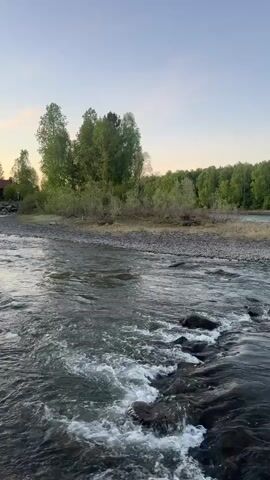 The video shows a river flowing over rocks at dusk. The water is a dark gray with white rapids. The riverbank is made of small stones, and there are trees and bushes on the bank. A small building is visible through the trees. The sky is a light blue with a hint of orange near the horizon. The camera is stationary.
