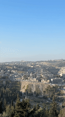 Panoramic daylight view captured of Jerusalem cityscape under clear skies