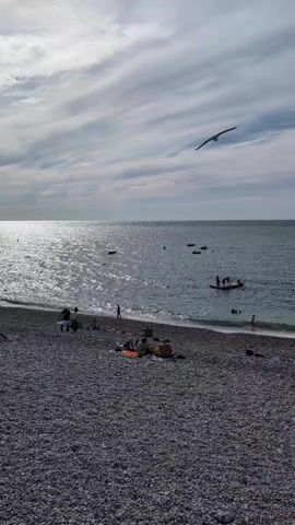 The video shows a wide shot of a pebble beach. The sea is calm and reflects the sunlight. There are several people on the beach, some sitting and some standing. In the water, there are a few small rafts and people swimming. A bird is flying in the sky. The sky is cloudy.