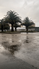 Rainy evening observed in A Coruña with wet pavement