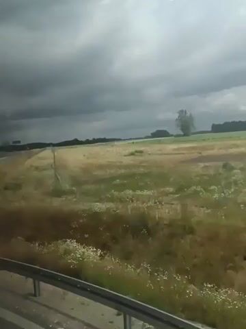 A video taken from inside a vehicle shows a highway with a dark, cloudy sky overhead. The vehicle is traveling alongside a field of dry grass and wildflowers. A metal guardrail is visible in the foreground. Road signs are present, including a yellow triangular sign with a deer symbol and a circular sign with a bicycle symbol. In the distance, trees and more fields can be seen.