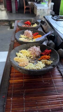 The video shows three shallow, dark-colored bowls, each filled with an array of chopped ingredients. These include different types of onions, garlic, and peppers, arranged separately within each bowl. A hand holding a small blue tool is seen briefly near the middle bowl, possibly for mixing. The bowls are placed on a bamboo mat-like surface. Next to the bowls, on the right, is a portable gas stove. Behind the bowls, in the background, there's an outdoor setting with a glimpse of trees, a stool, and what appears to be a red plaid shirt. The speaker mentions these are the spices being used for cooking.