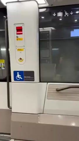 The view is from inside a train, showing the door to a designated handicap accessible seating area. The door is white with a red emergency stop switch, a yellow button with a diagram explaining how to use it, and a blue handicap symbol with a small sign in French. The lower portion of the door is grey. On the right of the door is a tinted window, revealing the passenger car. A person in a coat and hat sits in the car, visible in the window's reflection. Above the window are baggage and stroller icons. The train is in a station.