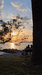 Couple watches golden sunset from bench in Bar, Montenegro
