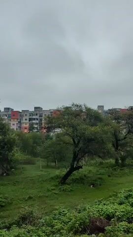 The video shows a drone shot panning across a landscape with an apartment building in the background and trees and greenery in the foreground. The sky is overcast.
