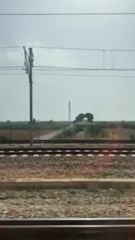 The video is a quick shot taken from inside a moving train. It starts focused on the train tracks passing by outside.  There is sparse vegetation and utility poles alongside the tracks. The sky is pale. The view shifts abruptly to the interior of the train showing a section of a window and part of the train's exterior with a stripe pattern of white, gray, and purple. The train is moving quickly.