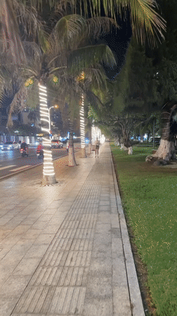 Evening activity captured along lit Nha Trang waterfront walkway
