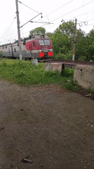 Electric locomotive passes blooming lilacs in rural Artyom, Russia