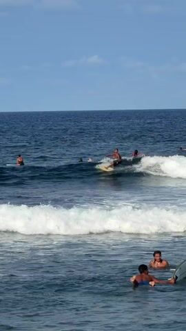 The scene unfolds with a clear, blue sky backdrop over an expanse of ocean. In the foreground, two people are in the water, one laying on a surfboard and the other swimming alongside. Further into the scene, a person is surfing on a yellow surfboard, riding a wave with white foamy crests. Other individuals can be seen scattered in the water, some on surfboards and others swimming. The water appears to be dark blue, contrasting with the white of the waves and the light blue of the sky.