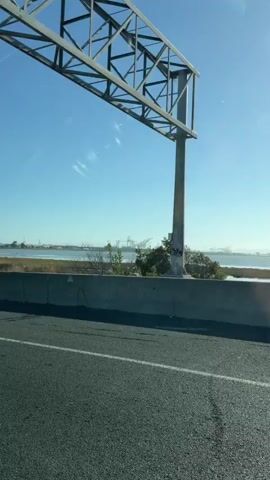 The video shows a view from a moving vehicle looking across a body of water towards a port. The sky is clear and blue. In the foreground, there is a dark concrete barrier and some dry grass and vegetation. The water is calm and appears to have a muddy or grassy shoreline. In the middle ground, there is a wide expanse of water with several small birds visible on the surface. The background features a large port with numerous towering cranes, some of which are in operation. Ships are also docked at the port. A bridge or elevated roadway is visible across the port. The overall scene depicts an industrial waterfront area on a clear day.