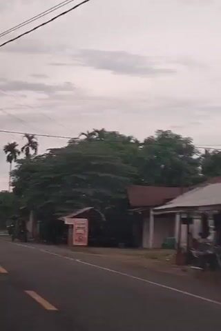 The video depicts a drive along a rural or semi-rural road, likely in Lambarotunong, Indonesia, given the context. The time of day appears to be daytime, under an overcast sky.

The scene features a paved road with distinct yellow lines. Along one side of the road, various structures are visible, including simple houses and small, makeshift stalls. Dense green foliage and tall palm trees line the roadside, indicating a tropical environment.

Several vehicles and people are observed:
- A motor-tricycle with a person on it passes by a small roadside stall with a blurry red sign.
- Other motorcycles are parked or being ridden further down the road.
- A large electricity pylon and power lines are visible against the cloudy sky.
- A light-colored truck drives past in the opposite direction.

The overall impression is a casual recording of a journey through a typical roadside landscape in the region.
