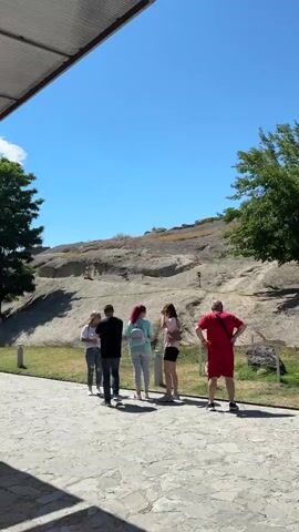 A group of five people stand in front of a large, rocky hill under a clear blue sky. The people are facing away from the camera, looking up at the hill. From left to right, the first person is a woman with blonde hair, wearing a white t-shirt and jeans. Next to her is a man in a black t-shirt and jeans. The third person is a woman with red hair, wearing a teal t-shirt and white pants, carrying a light blue backpack. The fourth person is a woman with brown hair, wearing a pink t-shirt and black shorts, holding a brown purse. The fifth person is a man wearing a red t-shirt and red shorts. The rocky hill has some vegetation growing on it and appears to be a natural formation, possibly a cliff or mountain. There are some signs on the hill, including a circular sign with a black border and a white circle inside, and another sign with a black circle and a line through it. There are also some stairs carved into the rock. A tree is visible on the right side of the frame, with green leaves. The ground in front of the people is paved, and there is a patch of grass to the left of the paved area. The scene appears to be an outdoor tourist attraction or natural landmark.