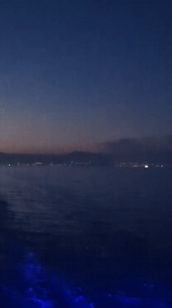 Nighttime seascape captured with distant coastline lights visible