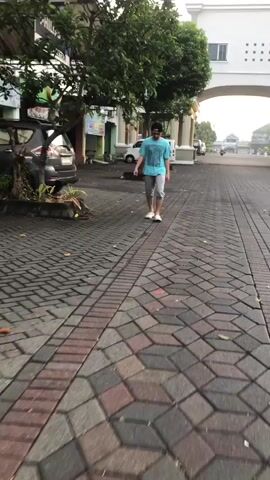 A person in a blue t-shirt, grey shorts, and a black baseball cap walks down a brick pathway. There is a car parked on the left and trees in the background.