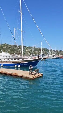 The video captures a serene coastal scene in Demre, Turkey, on a clear, sunny day. It begins with a view of a harbor, where a large, multi-masted sailboat, specifically a gulet type with a striking blue hull and white masts, is docked. The name "MAVI YOLCULUK 1" is clearly legible on the bow of the boat. A person stands on a wooden dock nearby, which also features a small wooden bench. The calm, turquoise water surrounds the dock, with other boats visible in the distance.

The camera then pans across the picturesque bay, revealing a vibrant coastline. Rolling green hills, densely covered in vegetation, form the backdrop to a scattering of buildings along the shore. These structures, possibly houses or small businesses, are nestled harmoniously within the natural landscape under a brilliant blue sky.

The final segment of the video is shot from a moving boat, showing part of its structure, including a canopy and a railing. Several people are visible, seated on the lower deck, enjoying the journey. As the boat cruises through the sparkling turquoise water, it offers a wider view of the same verdant hills and coastal architecture receding into the distance. The overall atmosphere conveyed is one of tranquility and natural beauty, characteristic of a pleasant day spent by the sea.