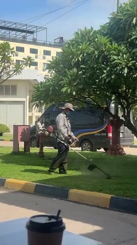 A person wearing a hat and face mask is trimming grass with a string trimmer on a sunny day. They are standing in a grassy area next to a tree. Behind them is a black van with blue and yellow stripes. A building with many windows is in the background. A fire hydrant is visible to the left of the person. A coffee cup is in the foreground.
