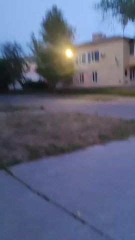 The video shows a street corner with a building and trees. The lighting suggests it is dusk or dawn. There are no people or vehicles visible. The camera is moving, indicating the video was likely recorded while walking or driving.