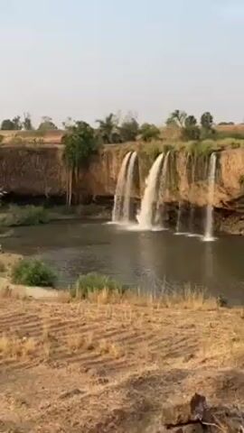 The video shows a scenic waterfall, with water cascading down a rocky cliff into a murky pond below. There are three distinct streams of water falling. The area around the waterfall is dry and grassy. The sky is hazy and the light is soft. There are trees and other vegetation on top of the cliff, behind the waterfalls. The camera is static, providing a clear view of the entire scene.