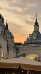 Moscow's ornate white buildings captured under evening sunset