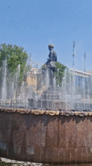Morning documentation of Khujand's gardens, fountain statue, and theatre