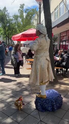 The video shows a person dressed in an ornate white and gold costume, gold shoes, and a white wig, standing on a blue patterned cushion. The person's face is painted gold. A small, decorated chicken figure is placed on the ground near the cushion. People are walking around in the background and sitting at tables under a red umbrella. There are shops and trees in the background. The setting appears to be a street with a pedestrian area. The video captures a street performer or artist presenting an unusual spectacle.
