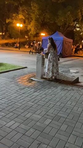 A woman in a long floral dress stands near a water fountain in a park at night. She is holding a young child, lifting him towards the fountain. The child appears to be drinking from the fountain. The fountain is made of stone and has water running from it, creating a wet patch on the brick paving. In the background, trees are visible, illuminated by streetlights. A blue tent is set up behind the fountain. Several other people are in the park, sitting and standing, some near benches and others further away. A man walks from left to right in the background. The ground is paved with rectangular bricks.