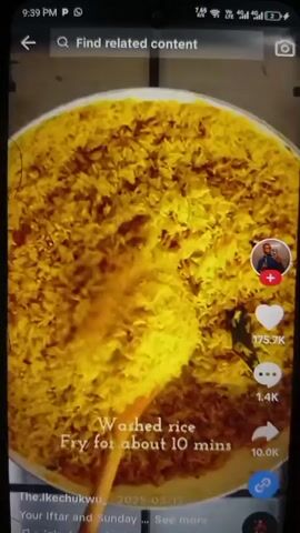 A close-up, top-down shot shows a wooden spoon stirring a pot of yellow rice. The text overlay says "Washed rice Fry for about 10 mins". Another text overlay appears saying "Meat stock Some water Cook on medium heat till 80% d". A person's hand is visible in the bottom right corner holding a blue bowl, pouring liquid into the pot. The background appears to be a kitchen stovetop. The video is timestamped March 15, 2025, and includes social media interaction indicators like likes and comments.