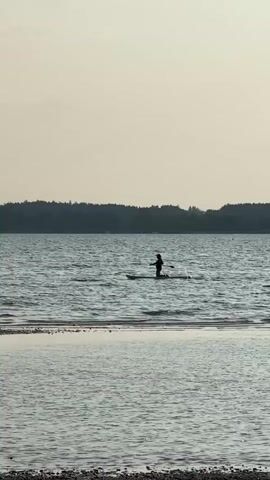 A lone person is paddleboarding on a body of water. The person is standing on a paddleboard and holding a paddle. They are moving across the water. The water is calm with small waves. In the background, there is a tree line and a pale sky. The overall scene is serene and peaceful.