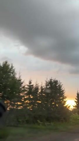 The video shows a view from inside a vehicle looking out at a sunset. The sky is filled with heavy gray clouds, but the setting sun is visible through a gap, casting a warm orange glow. A line of evergreen trees runs horizontally across the frame, silhouetted against the sky and the sunset. The trees and surrounding foliage are blurred due to the motion of the vehicle. The scene appears to be a rural or wooded area, possibly taken from a road. The overall mood is tranquil, with the dramatic sky and the fading light creating a sense of natural beauty.