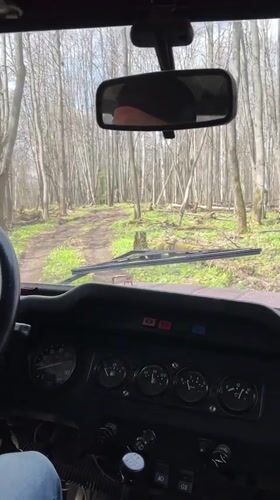 Vehicle drives through spring forest near Zhigalki, Russia