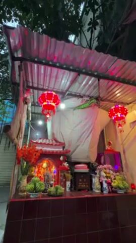 The video shows a small outdoor shrine. The shrine is decorated with red lanterns, flowers, and fruit. There is a small red shrine building with a deity inside. Above the shrine is a corrugated metal roof, illuminated with colored lights. A white sheet is draped behind the shrine. The shrine appears to be in a residential area, with trees visible in the background.