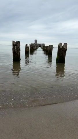 A vertical video shows a weathered, wooden pier extending into a calm, gray body of water under an overcast sky. The pier is made of thick, irregular wooden pilings, some of which have broken off, leaving jagged tops. The pilings are spaced apart, forming a pathway leading towards a structure in the distance that resembles a castle or fortress with a tall tower. The water is clear enough to see the sandy bottom near the shore, and gentle ripples disturb the surface. The shore in the foreground is made of sand with small pebbles and shell fragments. The overall atmosphere is one of abandonment and decay.