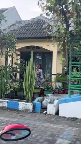 A woman stands in the doorway of a single-story house, holding a phone to her ear and appearing to speak. The house has a gray tiled roof and yellow walls, with a covered porch. Various potted plants, including a tall cactus, are arranged around the porch and in front of the house. A white and blue striped border runs along the edge of the property, separating it from a paved area that appears to be a street or walkway. The perspective suggests the video is being filmed from a low angle, possibly from a vehicle, with a red motorcycle mirror visible in the bottom left corner. The lighting indicates it is daytime, possibly early morning or late afternoon, with soft natural light. The environment appears to be residential.