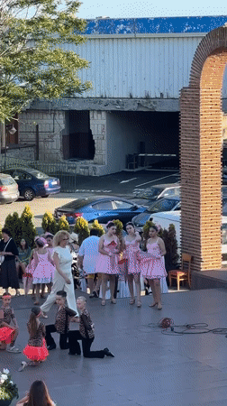 Youth dance groups perform in costume at Nesebar outdoor stage