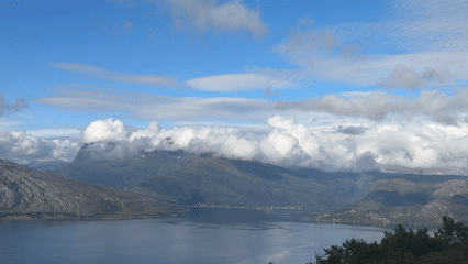 Panoramic fjord views from Flostrand on a clear summer day