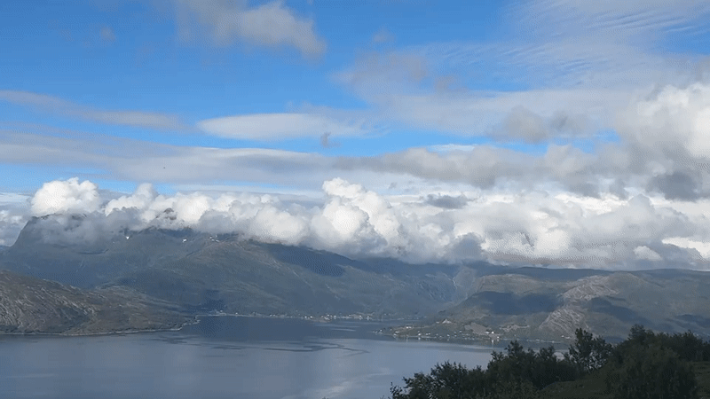 Panoramic fjord views from Flostrand on a clear summer day