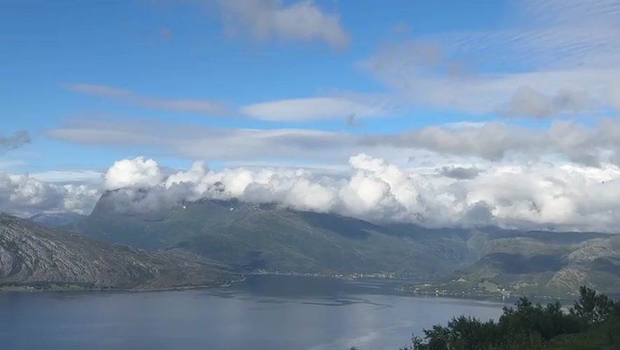 Panoramic fjord views from Flostrand on a clear summer day