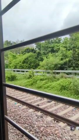 This is a first-person perspective video taken from inside a train, looking out a window with horizontal bars. The view is of a lush green landscape, with trees and vegetation on the right. Train tracks are visible in the foreground, beneath the window bars. A metal fence or railing runs parallel to the tracks. On the left side of the frame, a utility pole with electrical equipment is visible. The sky appears overcast with clouds. The train appears to be moving, as evidenced by the blurred foliage and the changing scenery.