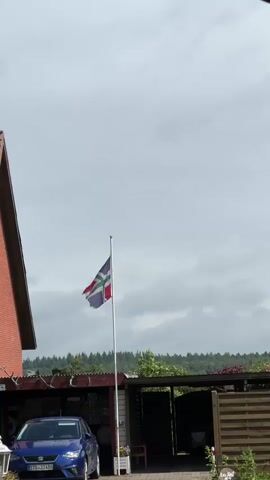 A flag with blue, white, green, and red stripes waves in the wind on a tall pole. Below the flag, a blue car is parked in front of a building with a red roof. In the background, there are trees under a cloudy sky.