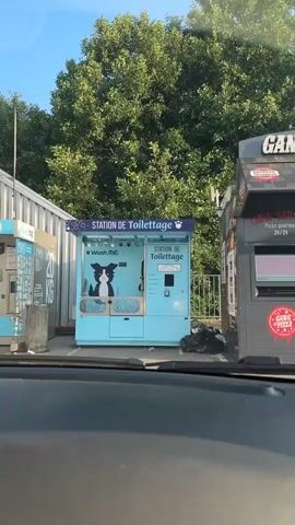 The video shows a light blue dog grooming station, labeled "STATION DE Toilettage," which translates to "Grooming Station." The machine has a cartoon illustration of a black and white dog on its left side, with bubbles depicted around it. The right side of the machine contains instructions and a payment slot. The station appears to be outdoors, with trees in the background and a gray building to the left. To the right of the grooming station is a large black vending machine, possibly for food. The video is shot from inside a vehicle, as evidenced by the dashboard visible in the foreground. The time stamp at the beginning indicates the video starts at 00:00:00 and ends at 00:00:04.